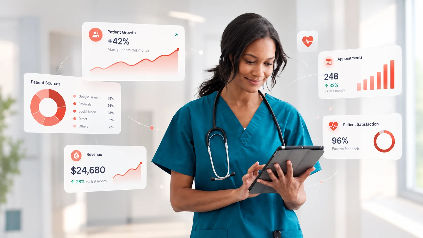 Nurse reviewing a tablet dashboard showing patient growth, appointments, patient sources, revenue, and patient satisfaction metrics